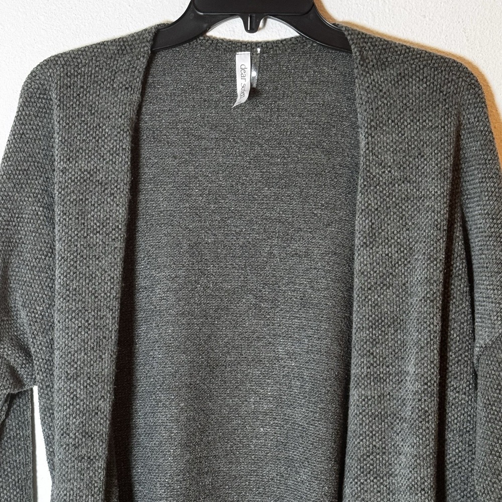 Dear Scarlett Open Front Cardigan Green Gray Textured Knit 3/4 Sleeve M
